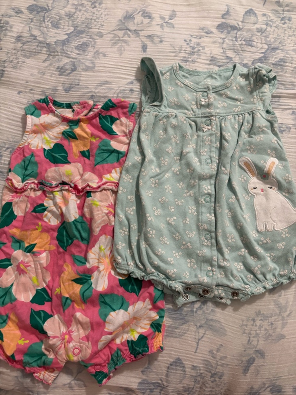 Carter's Pink Floral Romper and Blue Bunny Floral Romper Bundle
